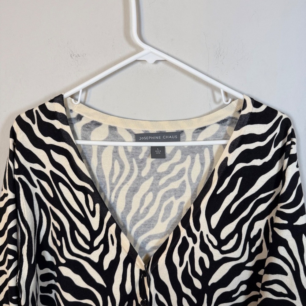 Josephine Chaus Zebra Print Silk Blend Cardigan Sweater Black Cream Womens L - Picture 2 of 6